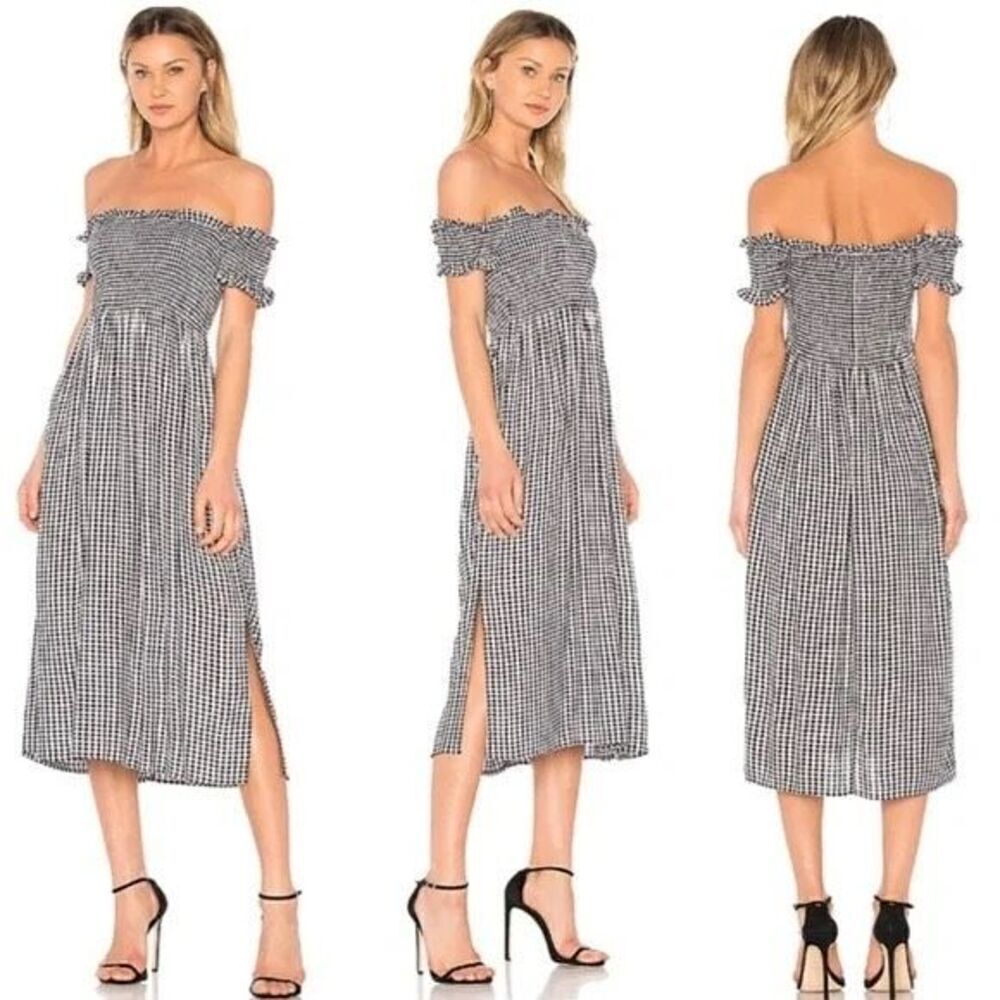 Bardot Cindy Gingham Black & White Off Shoulder Smocked MIDI dress